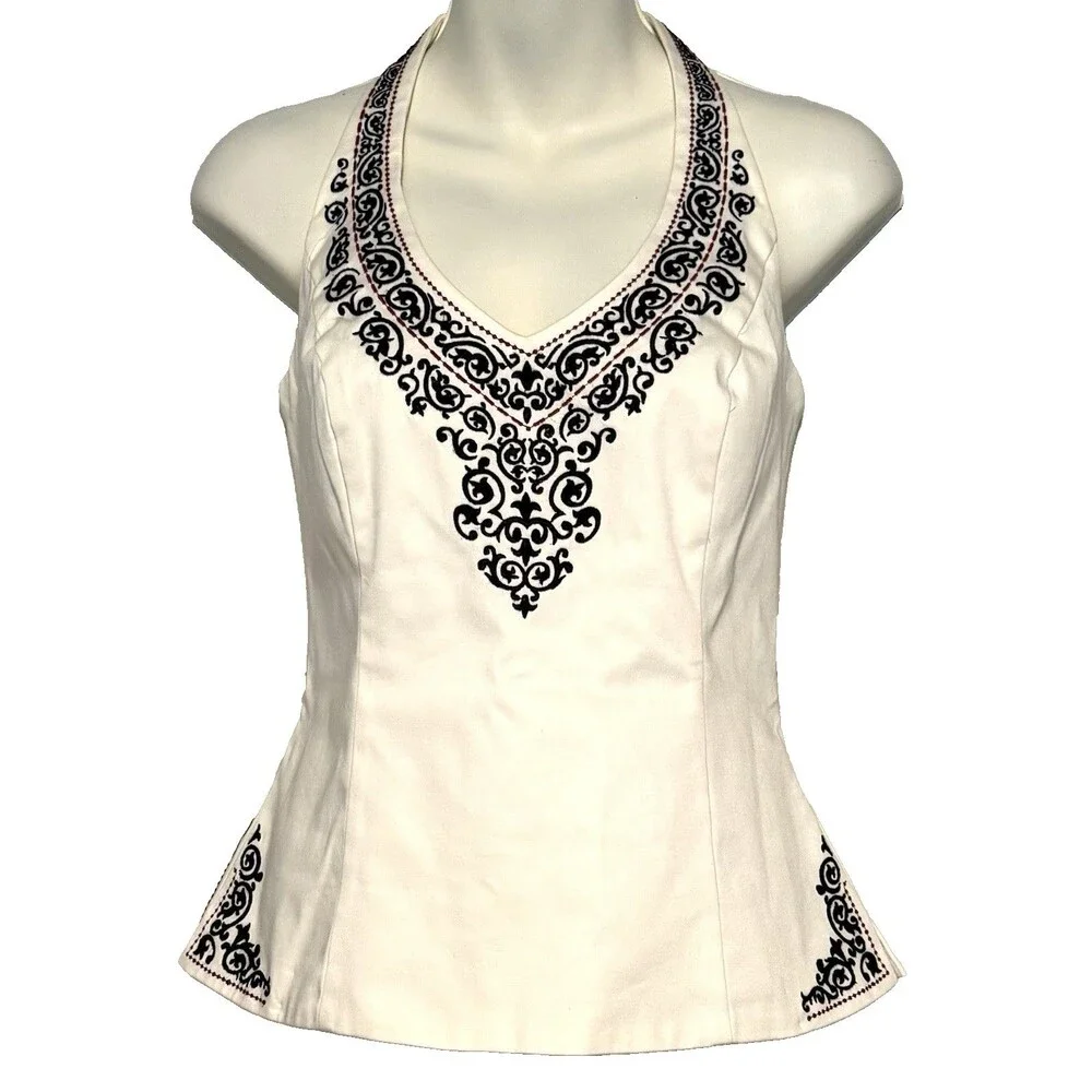 White House Black Market Structured Halter Top Sz US 8 Cotton Embroidered Lined